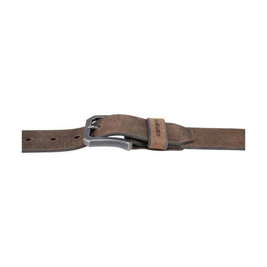 Brown leather belt with metal buckle and logo-embossed keeper