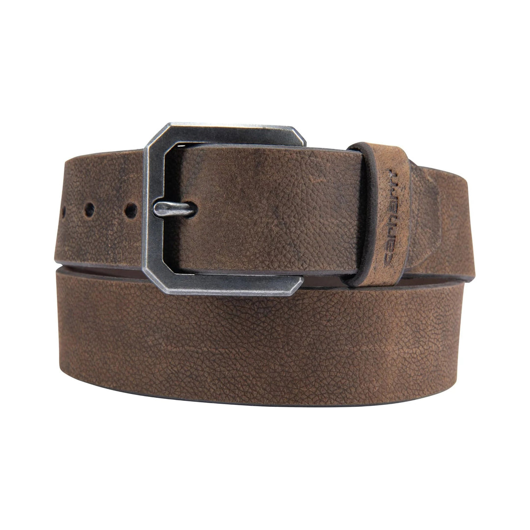 Brown leather belt with a rectangular silver buckle and embossed branding on the keeper