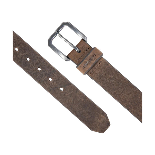Brown leather belt with silver buckle and embossed keeper