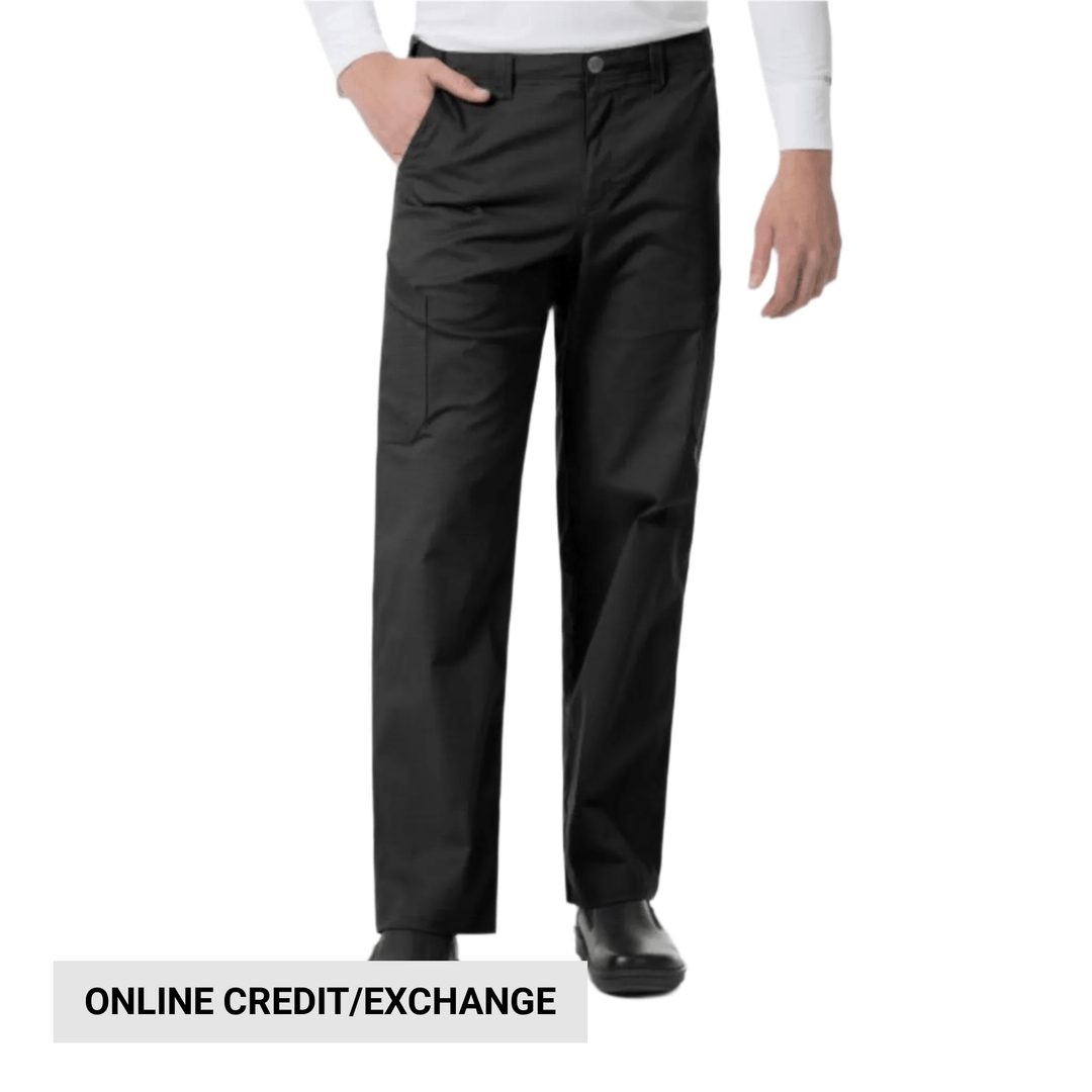 Black straight-leg cargo scrub pants with side pockets and a button fly, shown on a model