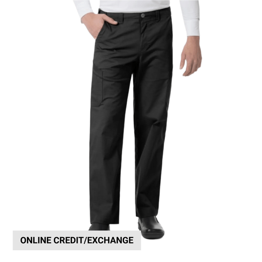Black straight-leg cargo scrub pants with side pockets and a button fly, shown on a model