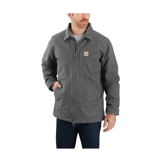 Gray work jacket with a sherpa collar, front zipper, and multiple patch pockets