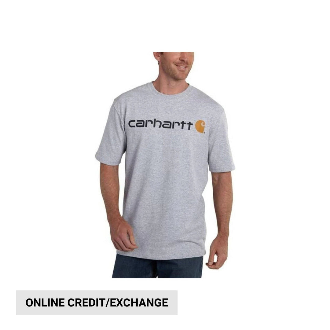 Person wearing a gray Carhartt t-shirt on a white background