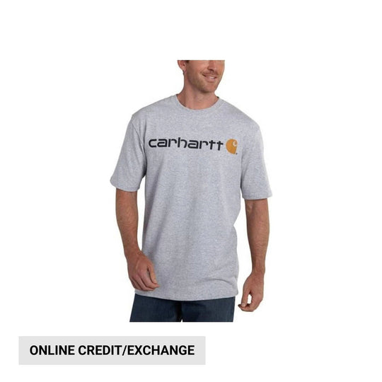 Person wearing a gray Carhartt t-shirt on a white background