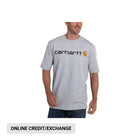 Person wearing a gray Carhartt t-shirt on a white background
