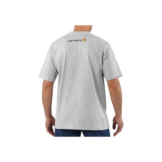 Person wearing a gray t-shirt with Carhartt logo on the back, on a white background