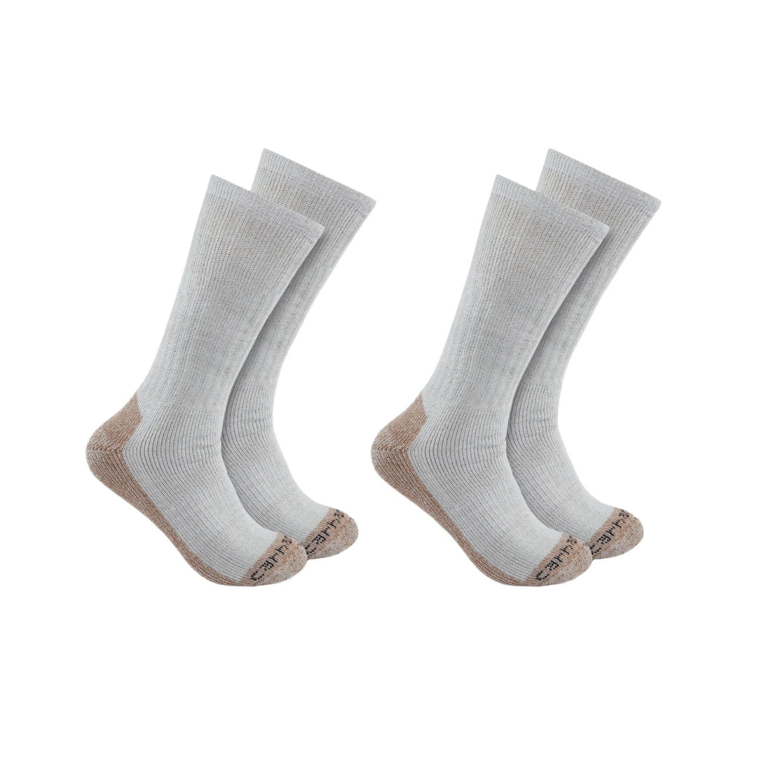 Two pairs of light gray crew socks with tan heels and toes, shown side by side on white background