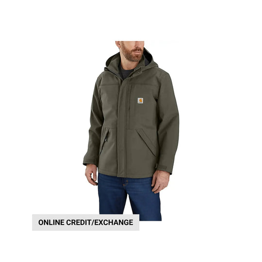 Olive hooded rain jacket on a model, with front zipper, chest logo patch, and large front pockets