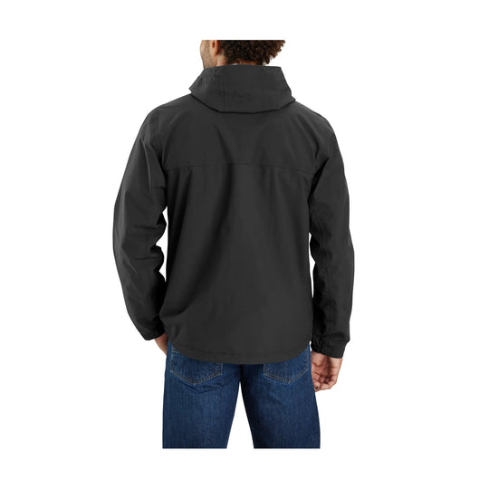 Black hooded lightweight jacket shown from the back