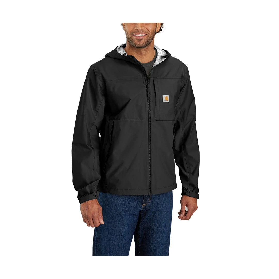 Black hooded zip-front jacket with chest pocket and small Carhartt logo patch