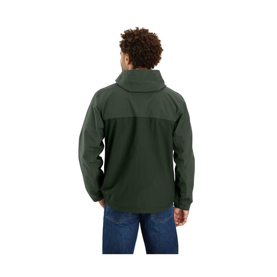 Dark green hooded lightweight jacket shown from the back