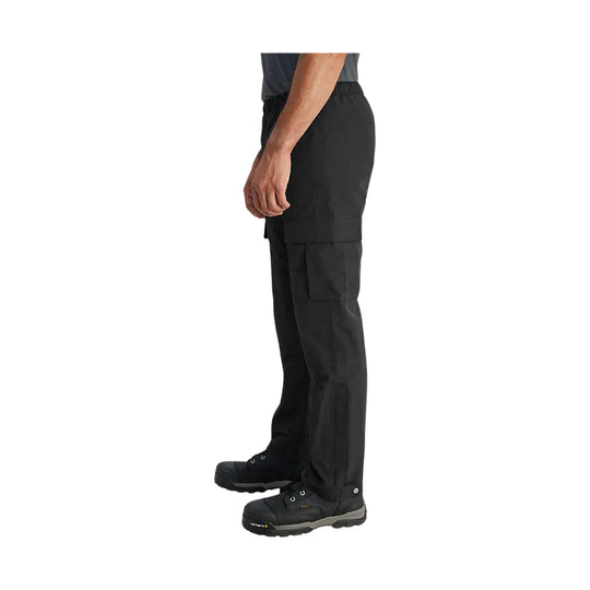 Black relaxed-fit cargo pants with side pockets, shown in side view with work boots
