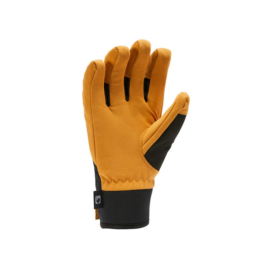 Brown and black insulated glove with extended cuff, shown front view