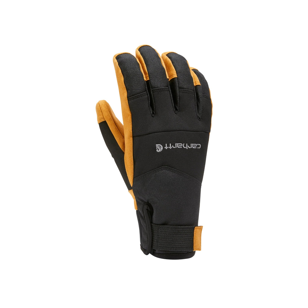 Black and tan insulated work glove with Carhartt logo on the back