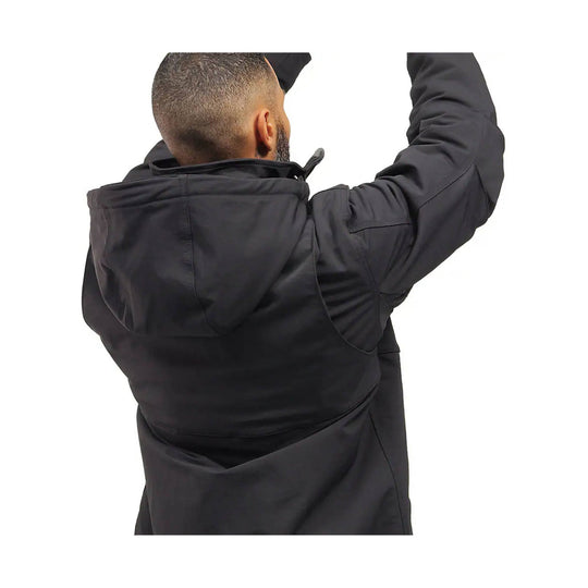 Black hooded insulated jacket shown from the back with raised arms