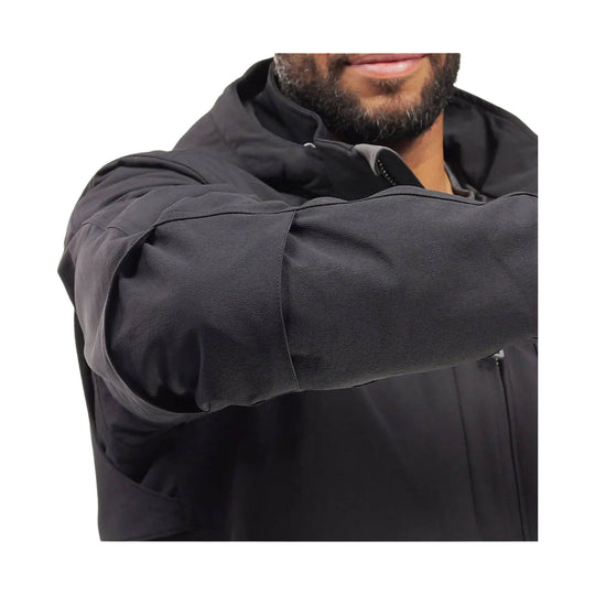 Black insulated jacket with hood and textured sleeve, shown in close-up on a model
