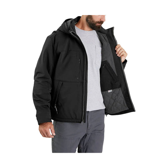 Black hooded insulated jacket with front zipper, zip chest pocket, and quilted lining
