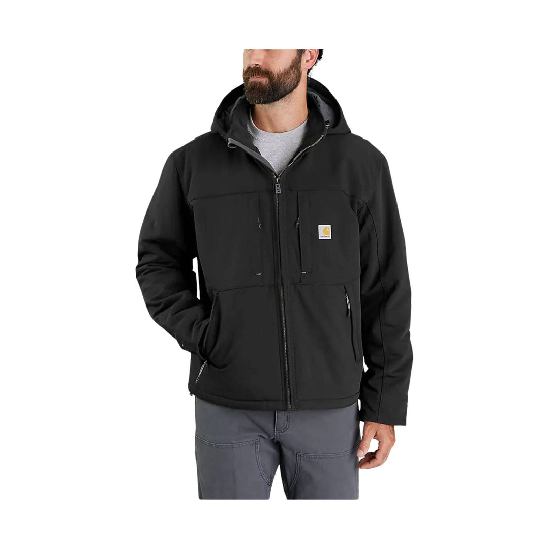 Black hooded zip-up jacket with chest and hand pockets