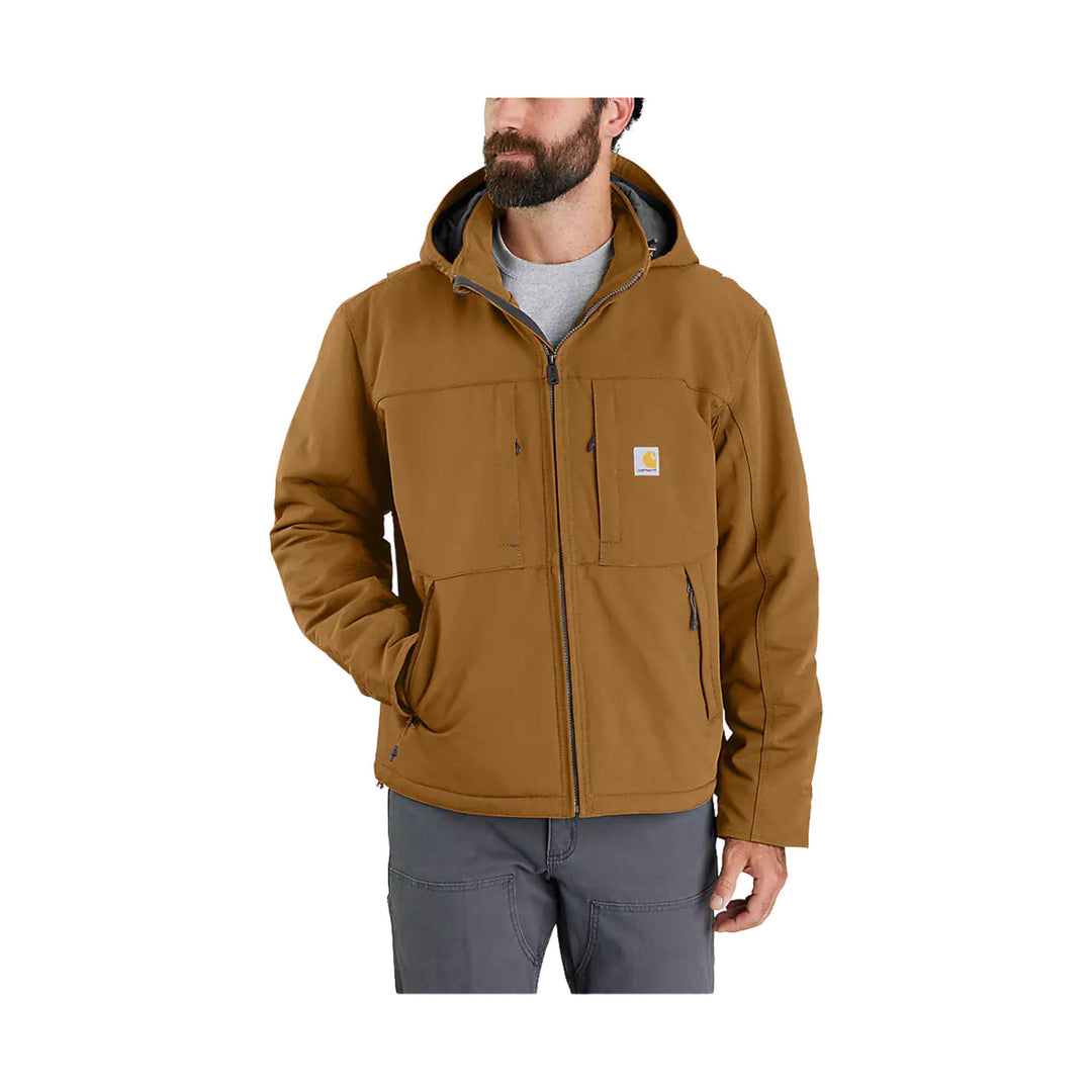Brown hooded zip-up work jacket with front chest pockets and hand pockets