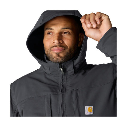 Dark gray hooded insulated jacket with zipper front and chest logo patch