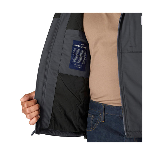 Dark gray insulated jacket open to show quilted black lining and interior Super Dux label