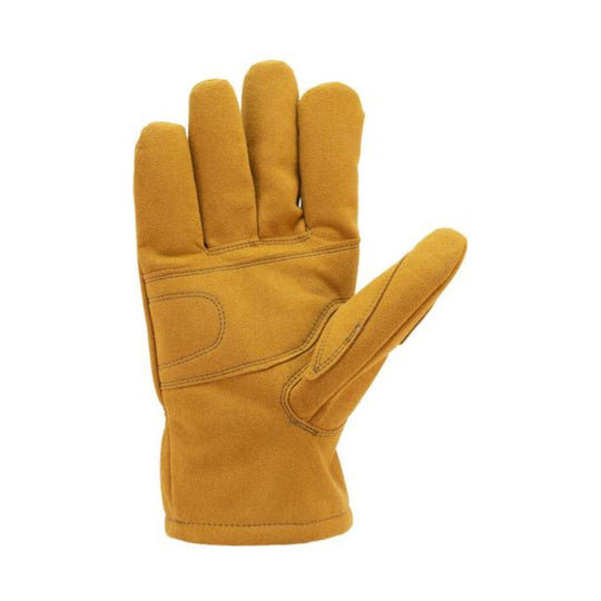 Tan suede work glove with open cuff and reinforced palm stitching