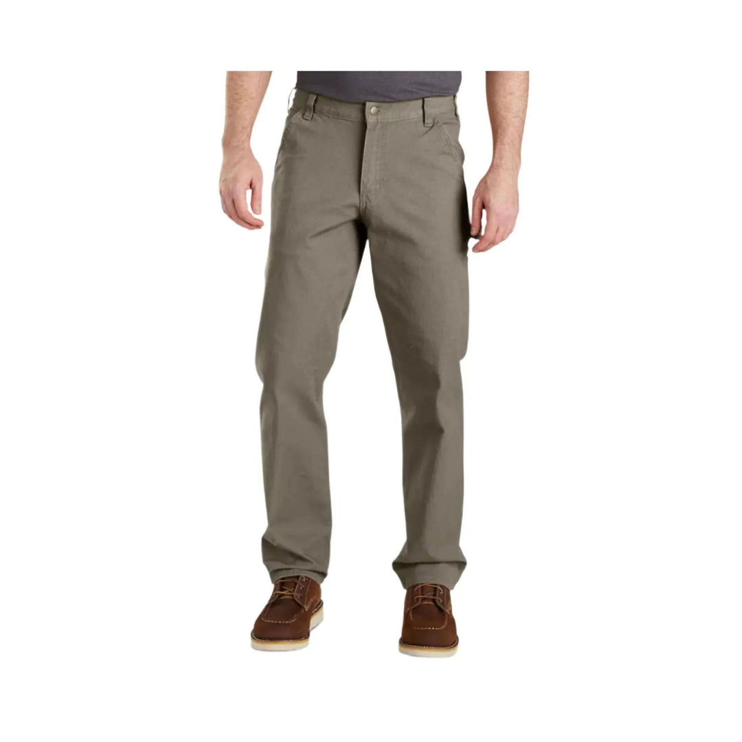 Olive-gray men's work pants with straight legs and front pockets