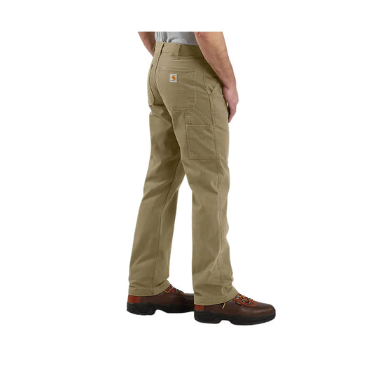 Tan relaxed-fit work pants with utility pockets, shown from the back and side