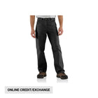 Person wearing black pants on a white background with 'Online Credit/Exchange' text.