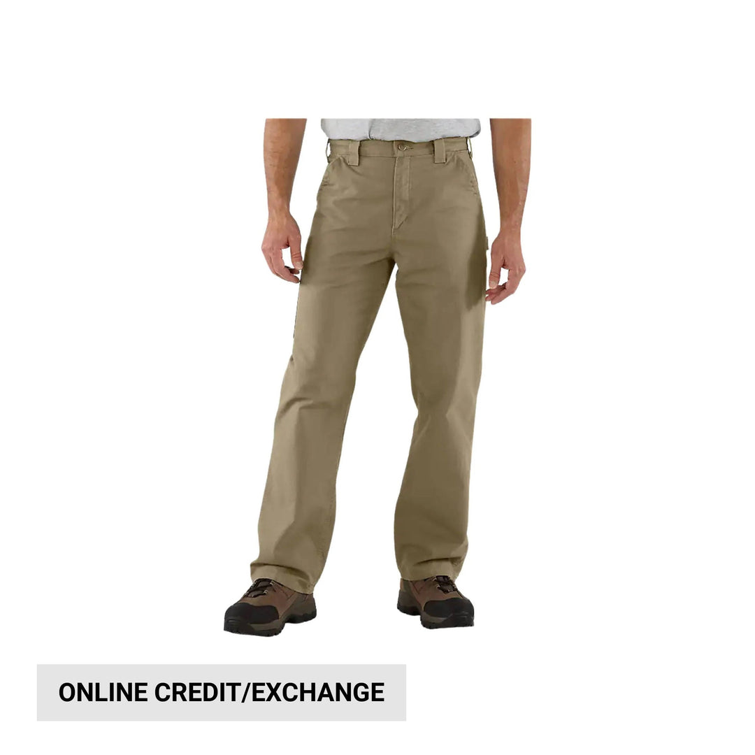 Tan loose-fit work pants on a model with visible ONLINE CREDIT/EXCHANGE text below