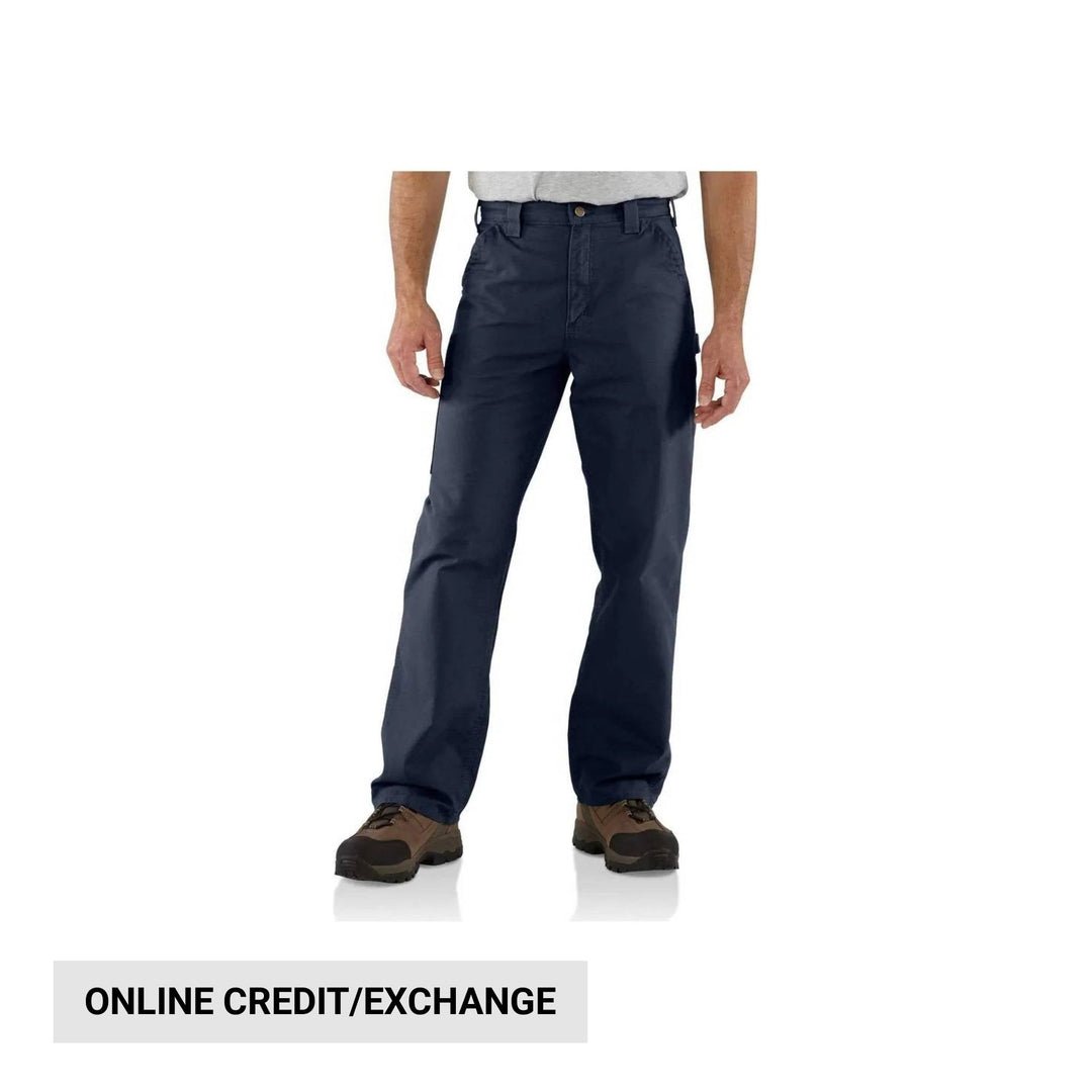 Navy work pants with belt loops, front pockets, and straight legs on a model