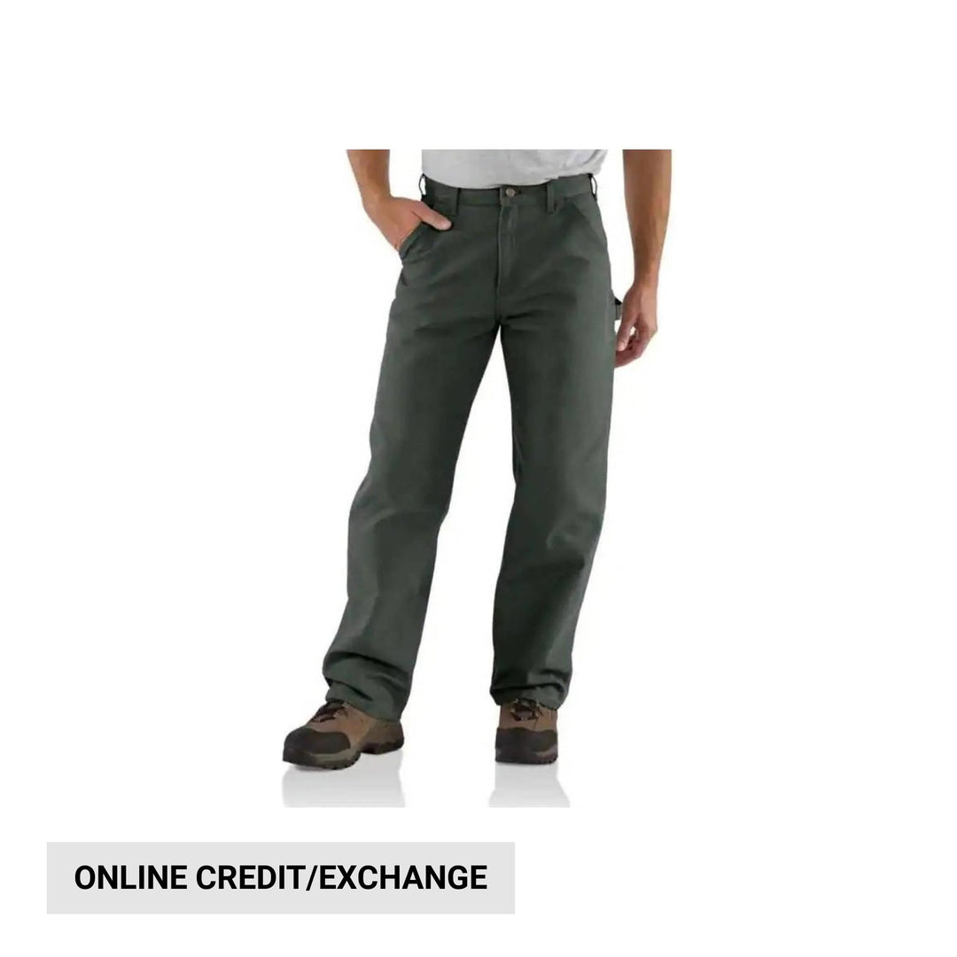 Dark green work pants with a straight leg and side pocket, shown on a model