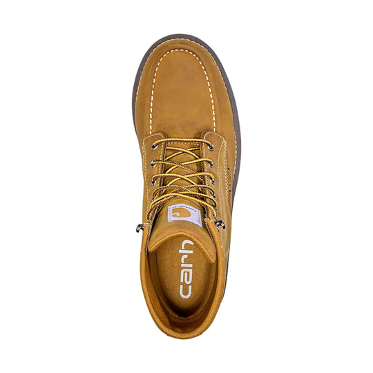 Tan lace-up work boot with moc toe, white stitching, and padded collar