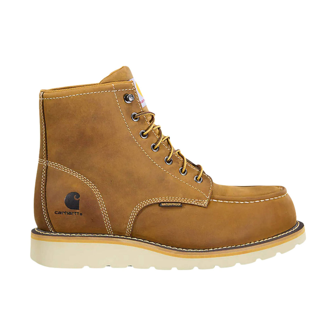 Tan lace-up work boot with a wedge sole and visible side logo