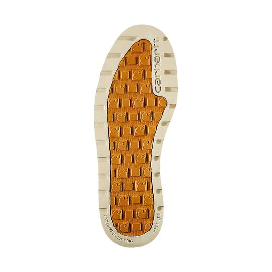 Boot outsole with tan tread, orange center, and Carhartt branding