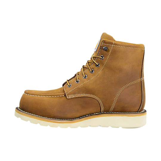 Light brown lace-up work boot with a white wedge sole