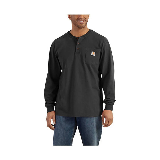 Man wearing a black long-sleeve henley shirt with a visible brand logo on a white background