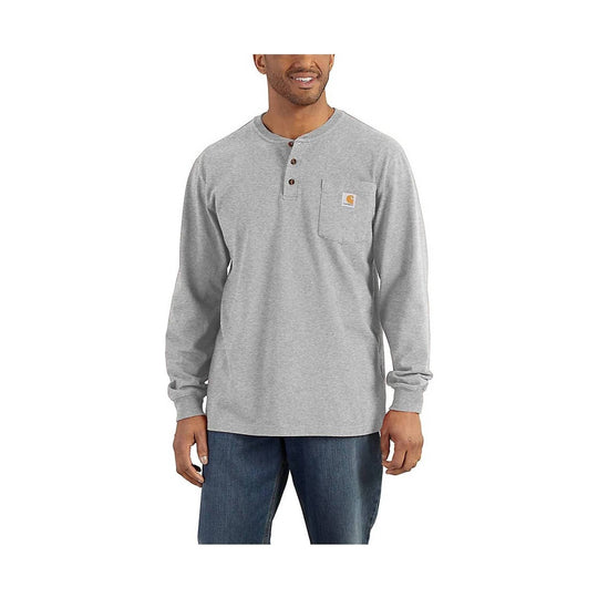 Man wearing a gray long-sleeve henley shirt with a brand logo on a white background