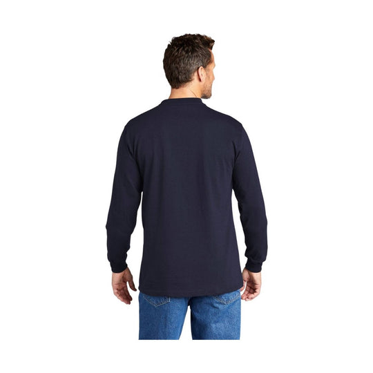 Man wearing a navy long-sleeve shirt with a brand logo on a white background