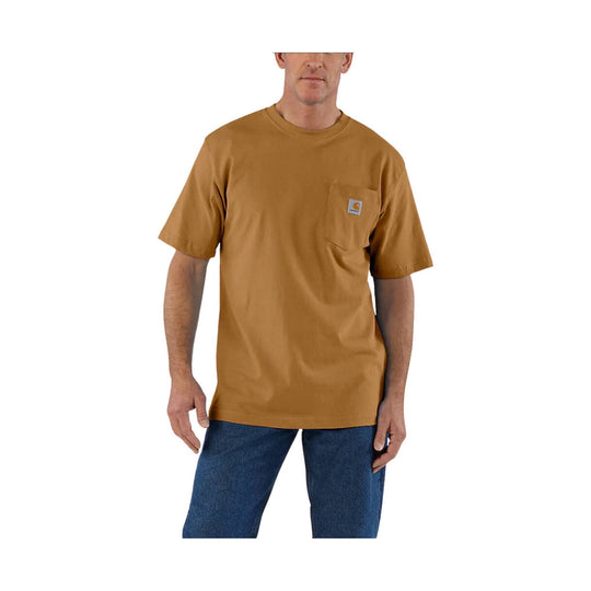Man wearing a brown t-shirt with a logo on a white background