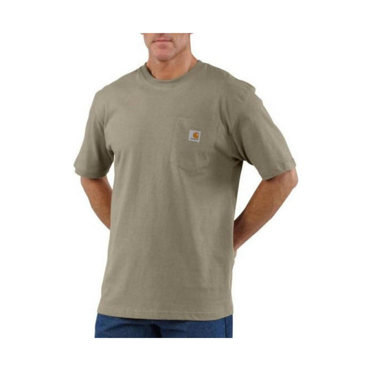 Man wearing a beige t-shirt with a logo on a white background