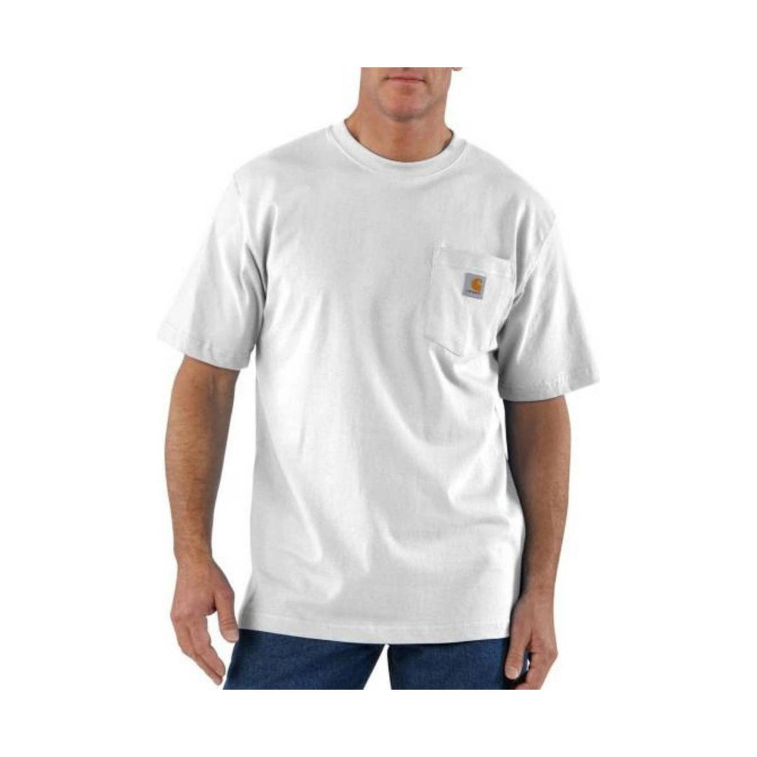 Person wearing a white t-shirt with a pocket on a white background