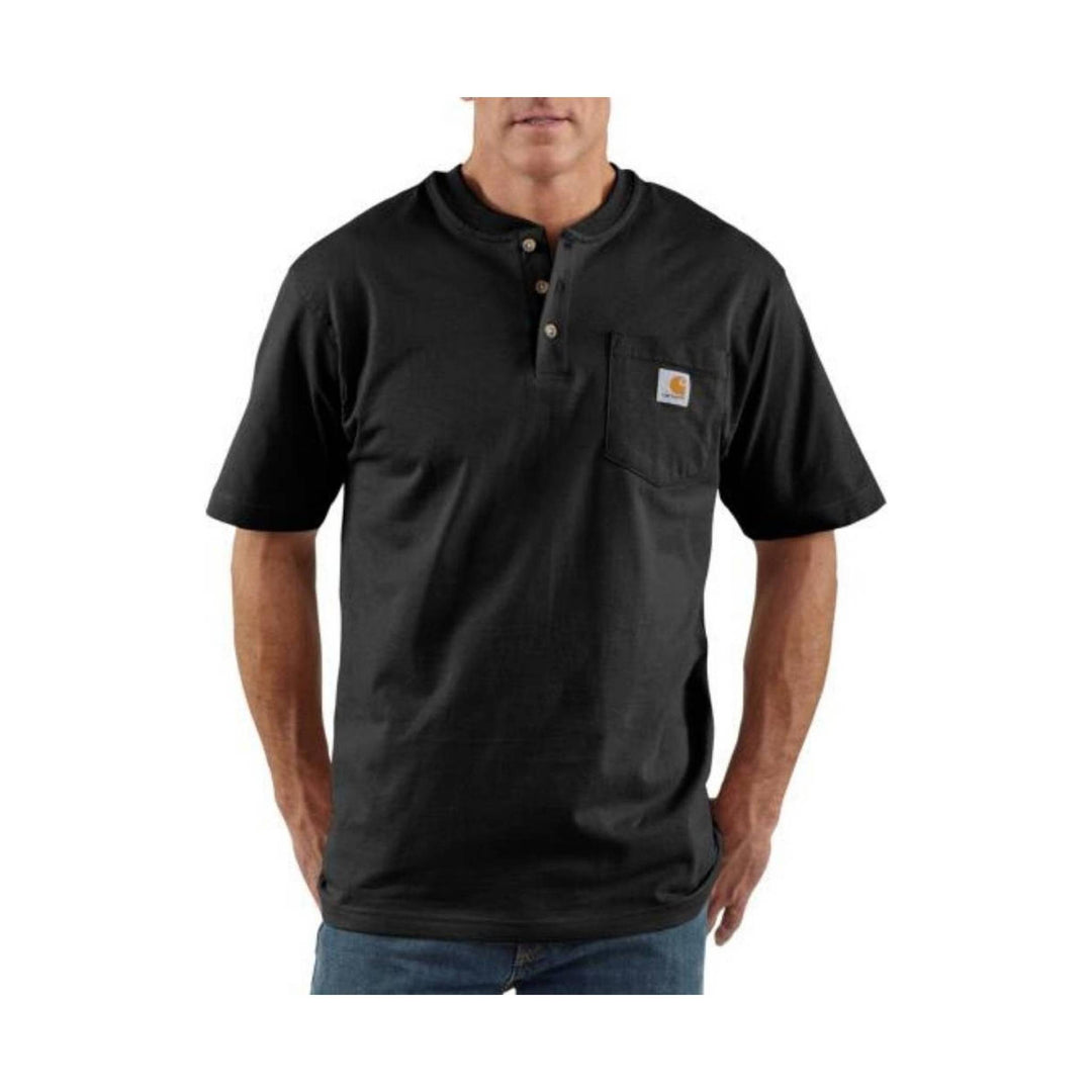 Person wearing a black short-sleeve shirt with a brand logo on a white background