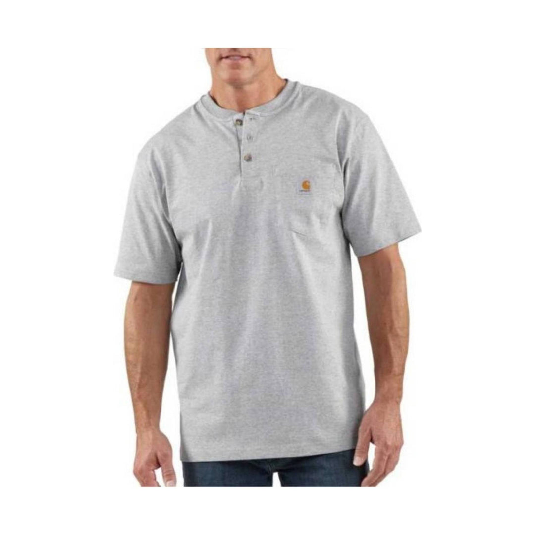 Man wearing a gray short-sleeve henley shirt with a brand logo on a white background