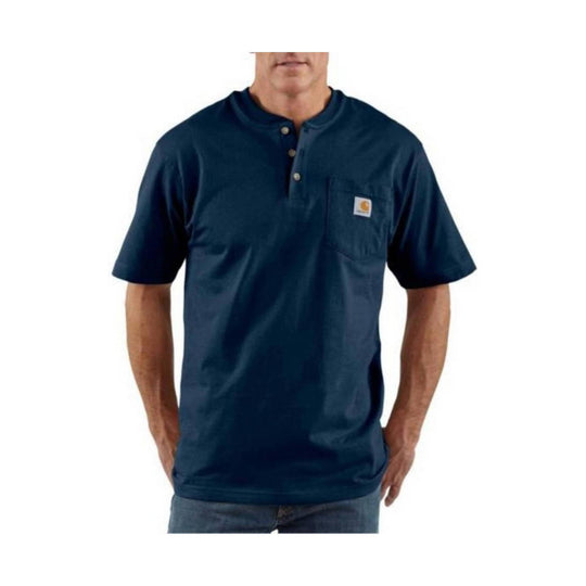 Man wearing a navy blue short-sleeve shirt with a brand logo on a white background