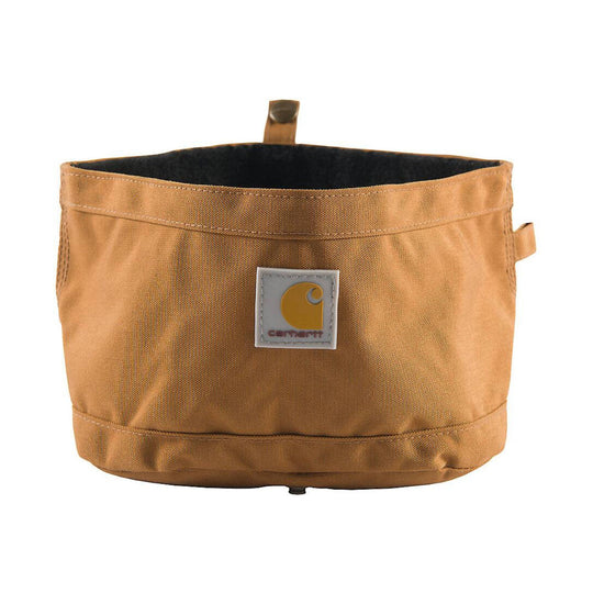 Brown collapsible fabric dog bowl with black interior and front logo patch