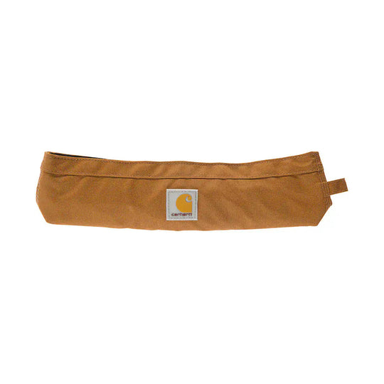 Brown rectangular fabric dog bowl with a front logo patch and side pull tab