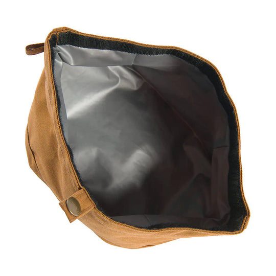 Brown insulated fabric dog bowl with black trim and gray waterproof lining, open top view