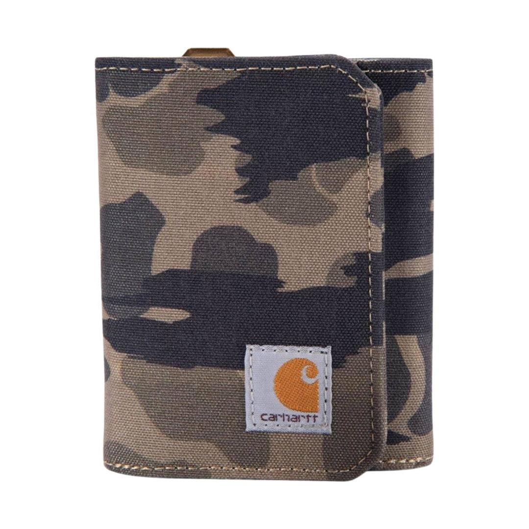 Camouflage trifold wallet with a stitched Carhartt logo patch