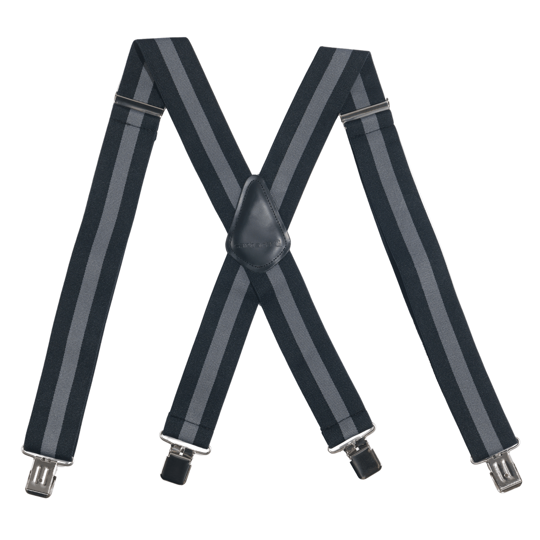 Striped elastic suspenders with metal clips and a black leather center patch
